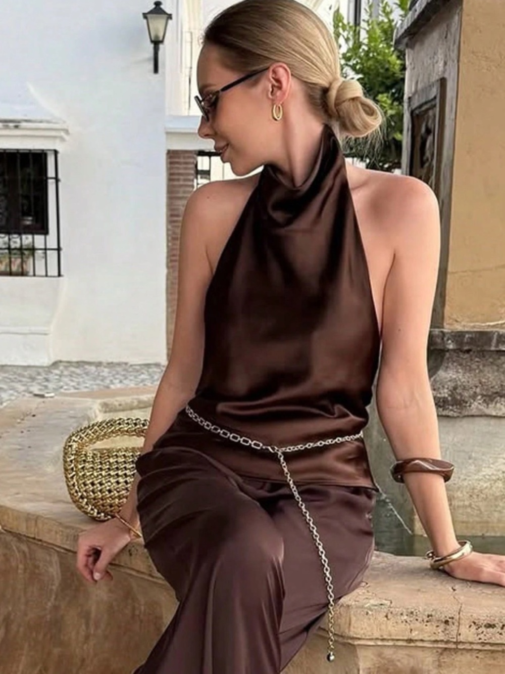Brown Satin Cowl Halter Draped Neck Low Back Blouse Top - Picture 3 of 12